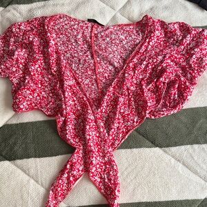 SHEIN Red Floral Puff Sleeve Blouse